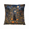 Midnight Black Cat Pumpkin Greenhouse 16×16 Velvet Pillow Cover featuring a black cat exploring a moonlit pumpkin greenhouse