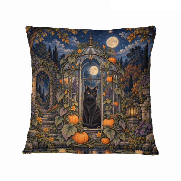 Midnight Black Cat Pumpkin Greenhouse 16×16 Velvet Pillow Cover