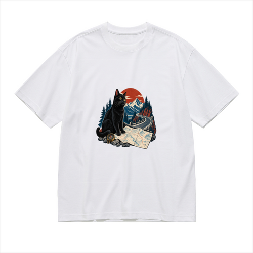 Black Cat Road Trip Navigator Men's Graphic Cotton T-Shirt featuring a black cat navigating mountain roads with a map and compass
