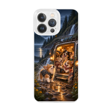 Stormy Road Trip Dog Copilot Clear Phone Case featuring a loyal dog copilot holding the last seat through a rainstorm