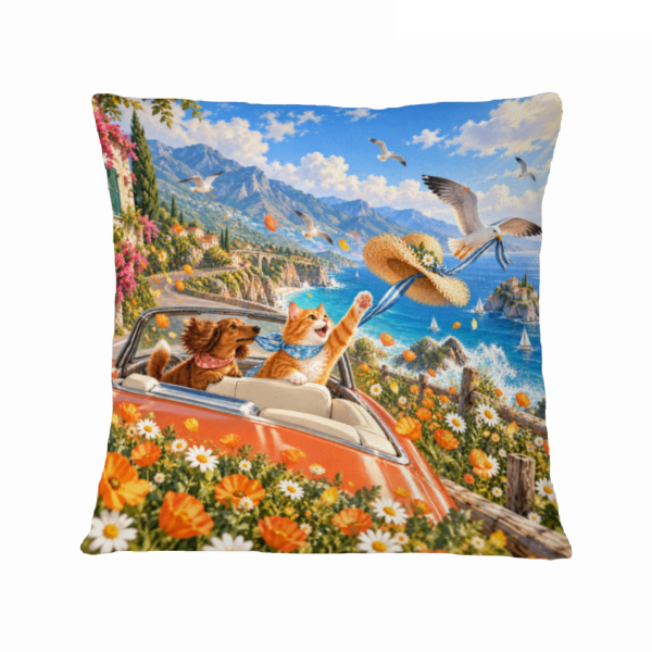 Coastal Road Trip Hat Chase 16×16 Velvet Pillow Cover featuring a playful coastal road trip and windblown hat chase