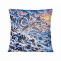 Snow Leopard Shimmering Glacier 16×16 Velvet Pillow Cover featuring a snow leopard leaping across a shimmering glacier