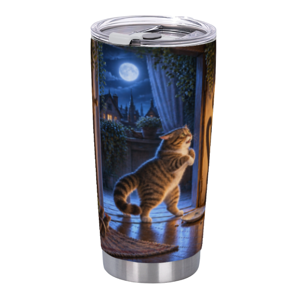 Cat Shadow Seafood Feast 20 oz Insulated Straw Tumbler featuring a cat's shadow sneaking into a whimsical seafood feast
