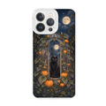 Midnight Black Cat Pumpkin Greenhouse Clear Phone Case featuring a black cat exploring a moonlit pumpkin greenhouse