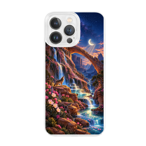 Moonlight Canyon Wildflower Waterfall Clear Phone Case featuring wildflowers cascading through a moonlit canyon