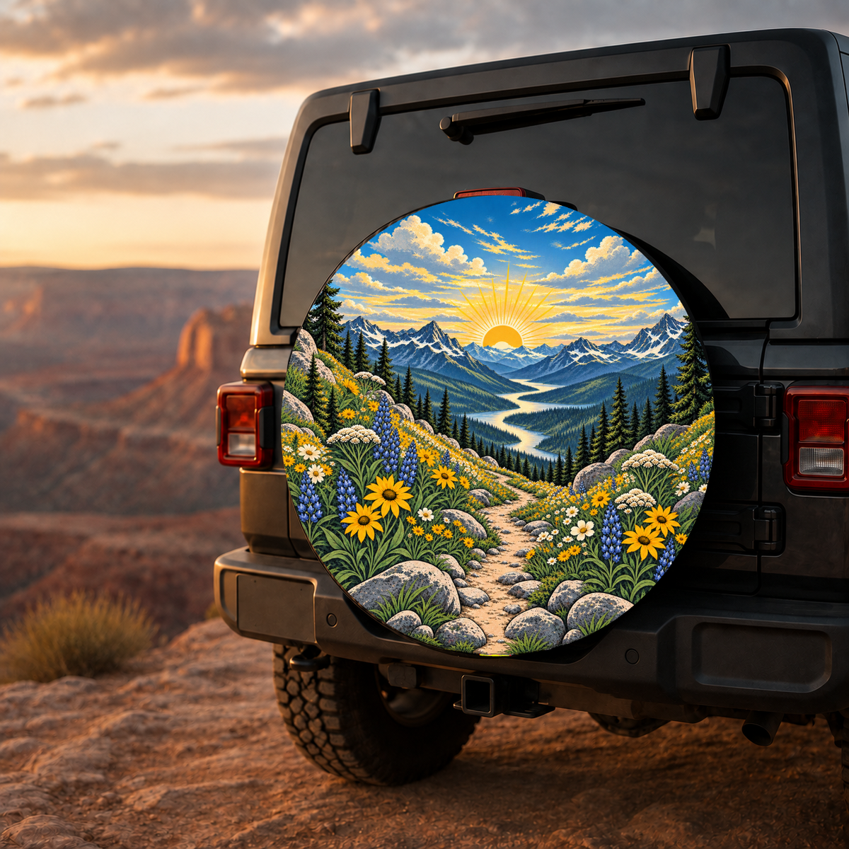 Valley Wildflower Sunrise Trail Spare Tire Cover featuring a wildflower trail winding through a valley sunrise