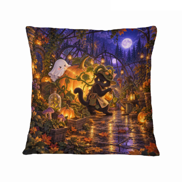 Midnight Pumpkin Greenhouse Mischief 16×16 Velvet Pillow Cover featuring midnight mischief inside a glowing pumpkin greenhouse