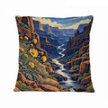 Wildflower Canyon River 16×16 Velvet Pillow Cover featuring golden wildflowers framing a river through a sunlit red-rock canyon