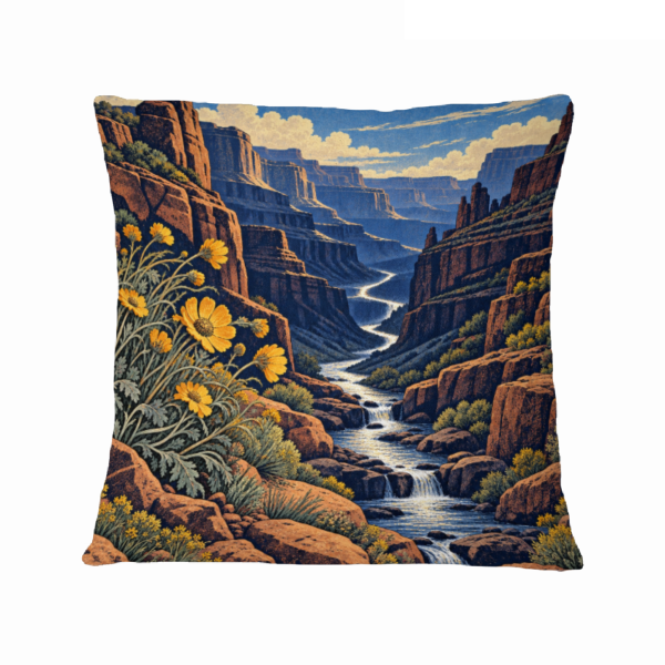Wildflower Canyon River 16×16 Velvet Pillow Cover featuring golden wildflowers framing a river through a sunlit red-rock canyon
