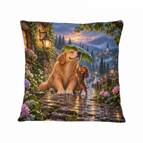Big Dog, Small Umbrella 16×16 Velvet Pillow Cover featuring a big dog sharing a tiny umbrella with a small friend