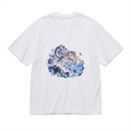 Snow Leopard Shimmering Glacier Men's Graphic Cotton T-Shirt featuring a snow leopard leaping across a shimmering glacier