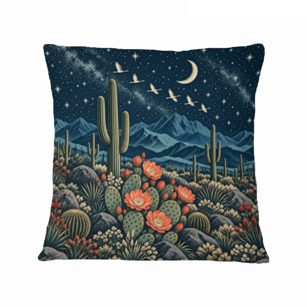 Moonlit Cactus and Migrating Birds 16×16 Velvet Pillow Cover