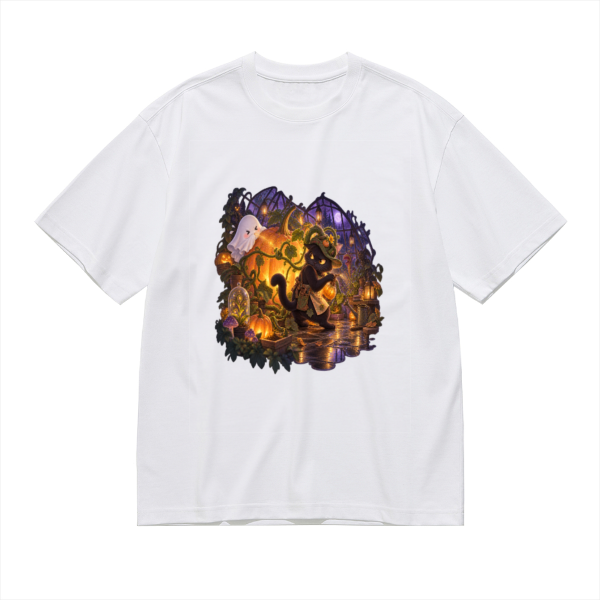 Midnight Pumpkin Greenhouse Mischief Men's Graphic Cotton T-Shirt featuring midnight mischief inside a glowing pumpkin greenhouse