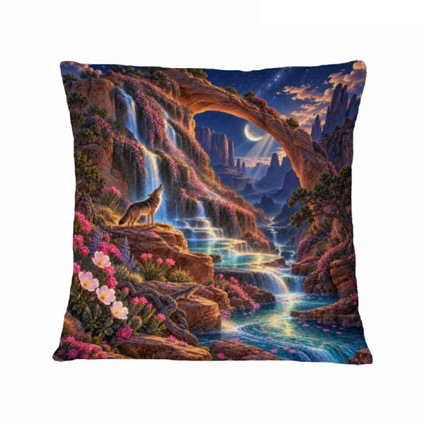 Moonlight Canyon Wildflower Waterfall 16×16 Velvet Pillow Cover featuring wildflowers cascading through a moonlit canyon
