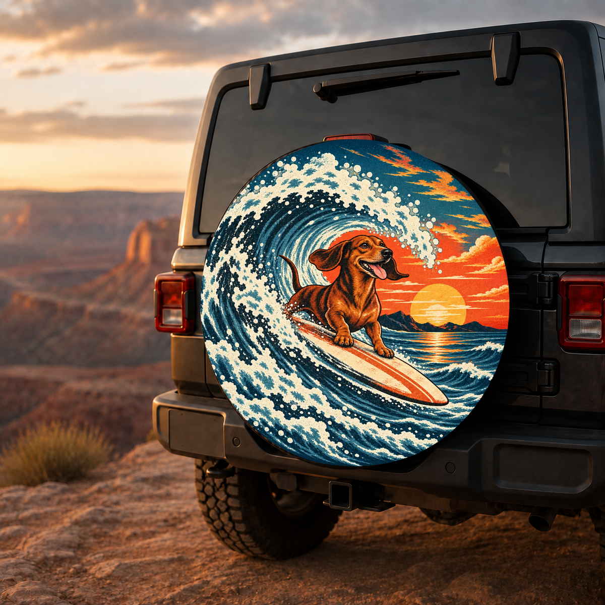 Surfing Dachshund Sunset Chase Spare Tire Cover