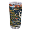 Creekside Dog and Cat Crossing 20 oz Insulated Straw Tumbler featuring a dog and cat exploring a lively woodland creek in autumn