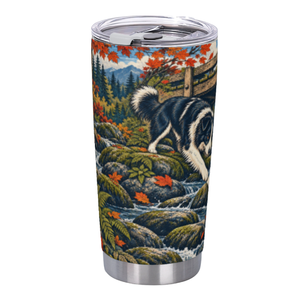 Creekside Dog and Cat Crossing 20 oz Insulated Straw Tumbler featuring a dog and cat exploring a lively woodland creek in autumn