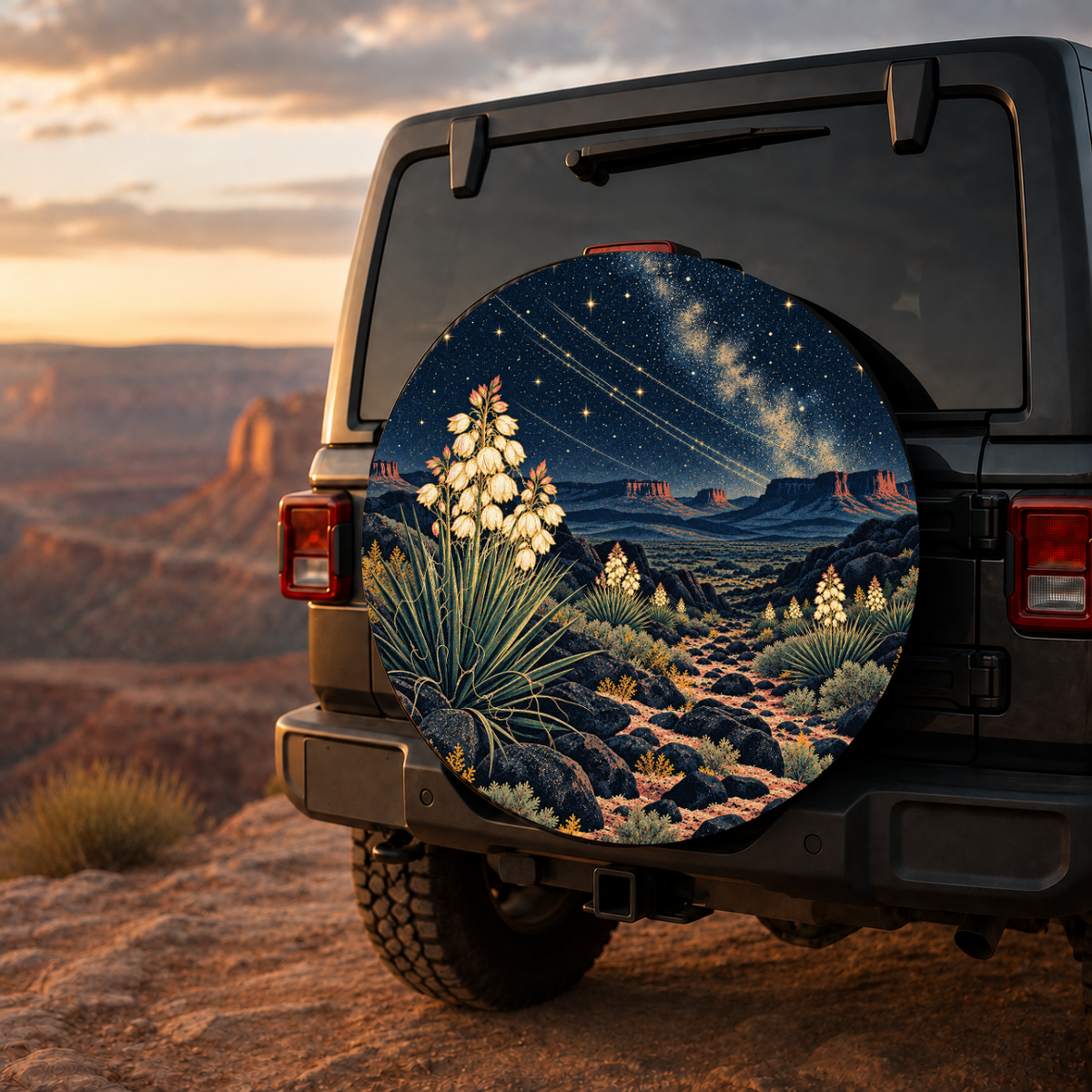 Starlit Yucca Desert Spare Tire Cover featuring flowering yucca beneath a brilliant desert sky and distant mesas