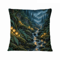 Enchanted Forest Stream 16×16 Velvet Pillow Cover featuring glowing woodland flowers leading along a misty forest stream