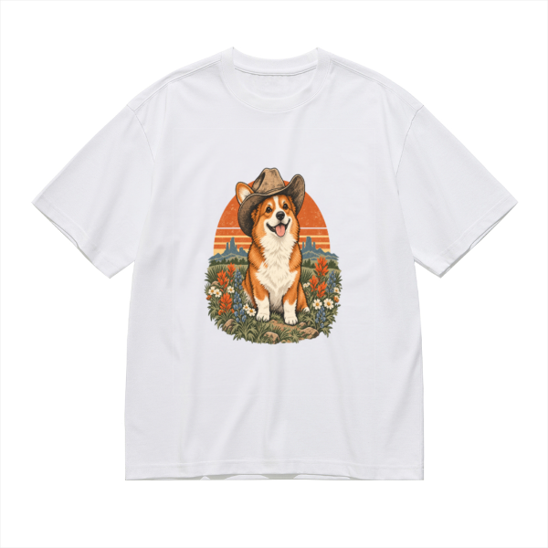 Cowboy Corgi Wildflower Sunset Men's Graphic Cotton T-Shirt featuring a cheerful cowboy corgi framed by western wildflowers and a warm sunset