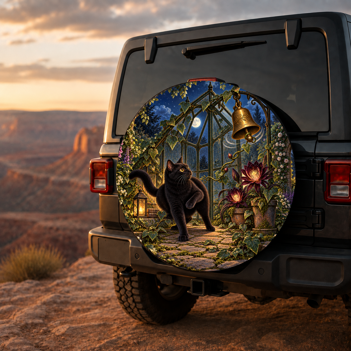 Midnight Greenhouse Bell Spare Tire Cover featuring a curious midnight garden scene gathered around a mysterious greenhouse bell