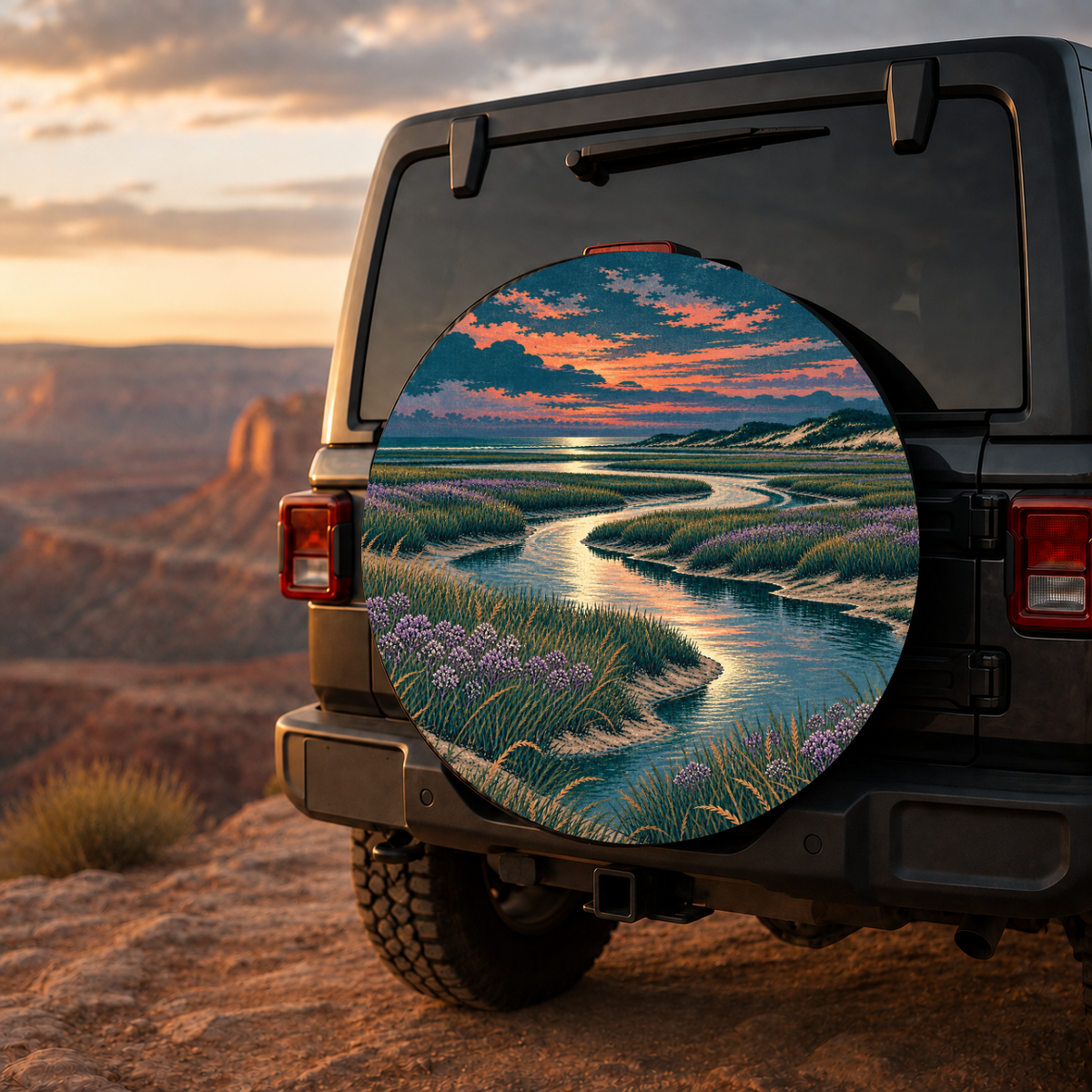 Sunset Lavender Tidal Marsh Spare Tire Cover featuring lavender marsh flowers surrounding a winding tidal creek at sunset
