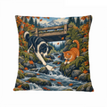 Creekside Dog and Cat Crossing 16×16 Velvet Pillow Cover featuring a dog and cat exploring a lively woodland creek in autumn