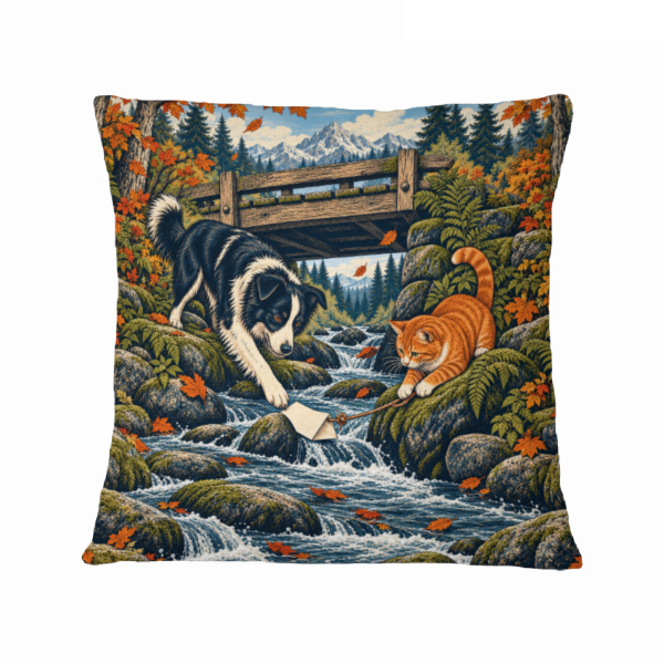 Creekside Dog and Cat Crossing 16×16 Velvet Pillow Cover featuring a dog and cat exploring a lively woodland creek in autumn