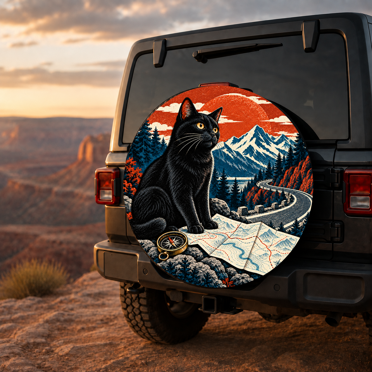 Black Cat Road Trip Navigator Spare Tire Cover featuring a black cat navigating mountain roads with a map and compass