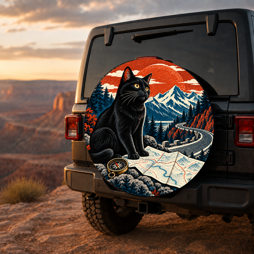 Black Cat Road Trip Navigator Spare Tire Cover featuring a black cat navigating mountain roads with a map and compass