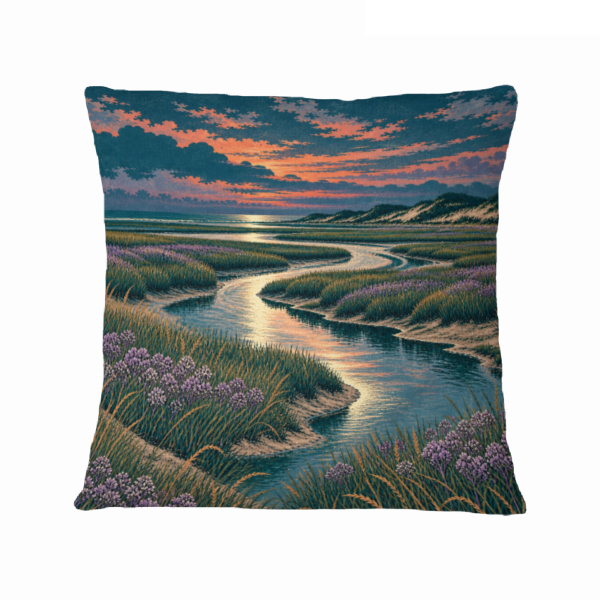 Sunset Lavender Tidal Marsh 16×16 Velvet Pillow Cover featuring lavender marsh flowers surrounding a winding tidal creek at sunset