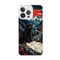 Black Cat Road Trip Navigator Clear Phone Case featuring a black cat navigating mountain roads with a map and compass