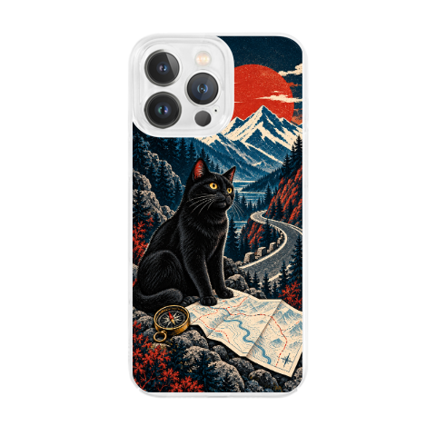 Black Cat Road Trip Navigator Clear Phone Case featuring a black cat navigating mountain roads with a map and compass