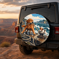 Coastal Dock Dog Rescue Spare Tire Cover featuring adventure dogs gathering on a weathered dock beside a rugged coast