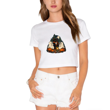 Black Cat Ghost Hot Drink Gathering Women's Graphic Crop Tee featuring a black cat and friendly ghosts sharing hot drinks at night