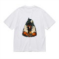 Black Cat Ghost Hot Drink Gathering Men's Graphic Cotton T-Shirt featuring a black cat and friendly ghosts sharing hot drinks at night