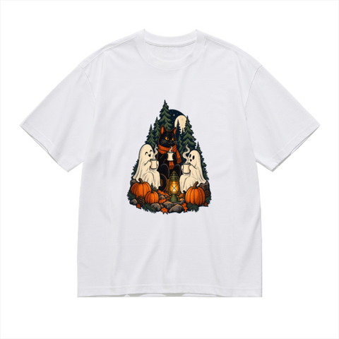 Black Cat Ghost Hot Drink Gathering Men's Graphic Cotton T-Shirt