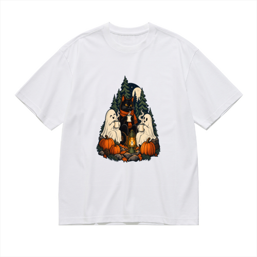 Black Cat Ghost Hot Drink Gathering Men's Graphic Cotton T-Shirt featuring a black cat and friendly ghosts sharing hot drinks at night