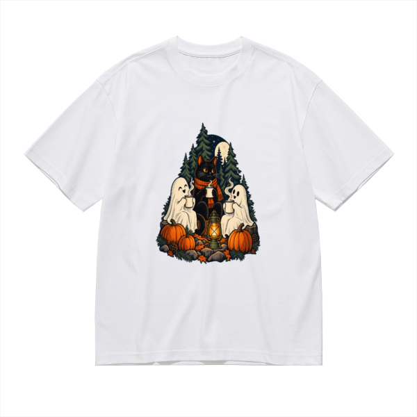 Black Cat Ghost Hot Drink Gathering Men's Graphic Cotton T-Shirt
