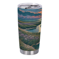Sunset Lavender Tidal Marsh 20 oz Insulated Straw Tumbler featuring lavender marsh flowers surrounding a winding tidal creek at sunset