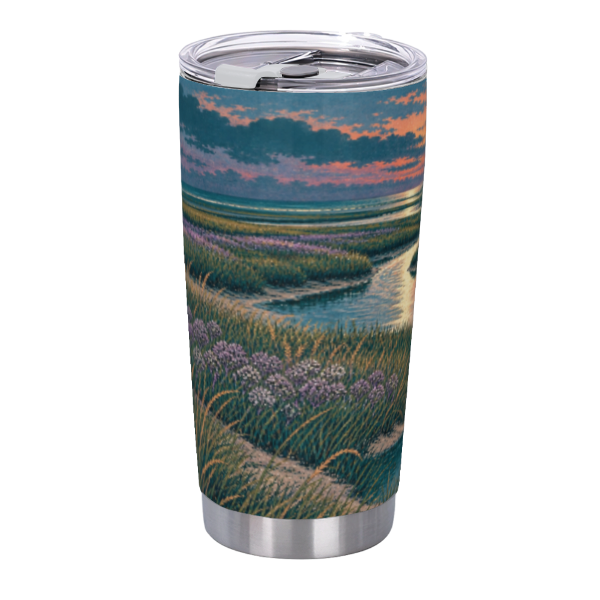 Sunset Lavender Tidal Marsh 20 oz Insulated Straw Tumbler featuring lavender marsh flowers surrounding a winding tidal creek at sunset