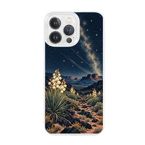 Starlit Yucca Desert Clear Phone Case featuring flowering yucca beneath a brilliant desert sky and distant mesas