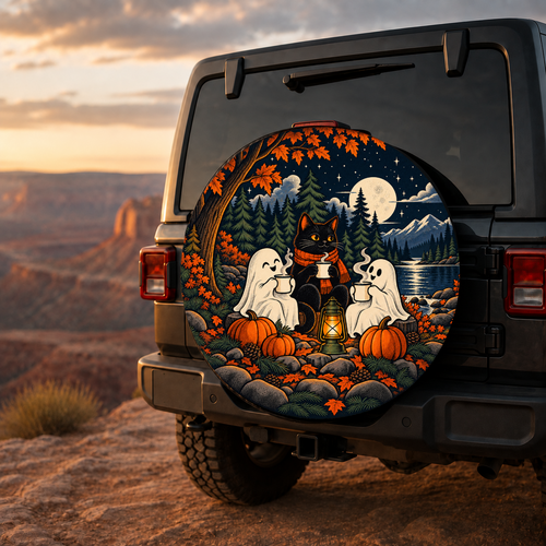 Black Cat Ghost Hot Drink Gathering Spare Tire Cover featuring a black cat and friendly ghosts sharing hot drinks at night